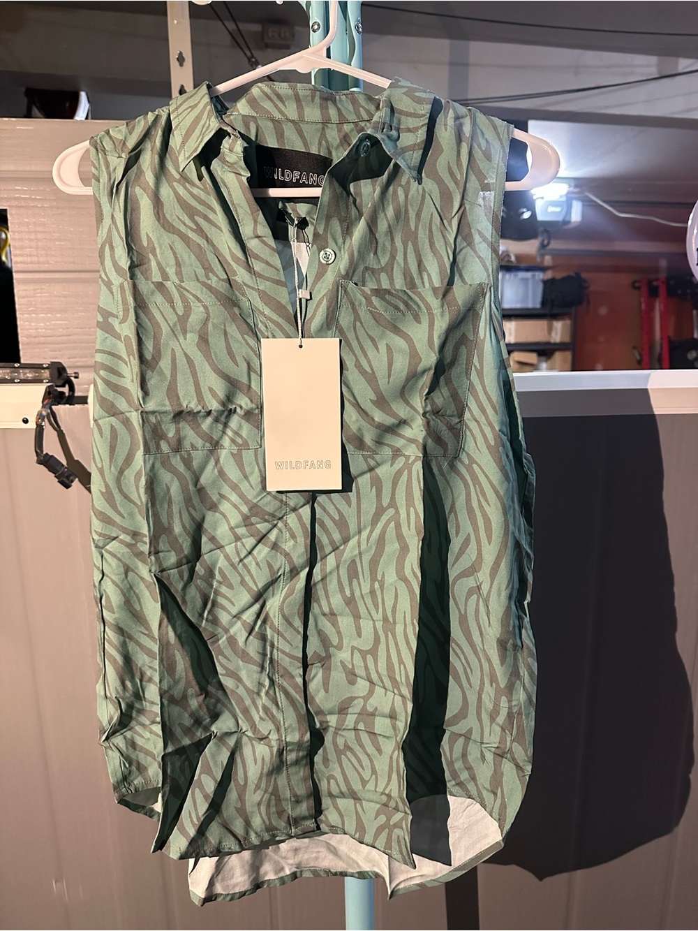 Wildfang Green Zebra-Stripe Sleeveless Button-Up Top